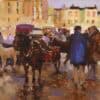 Vibrant oil painting of a busy street scene with horse-drawn carriages and pedestrians, capturing urban life at The Kildare Gallery.
