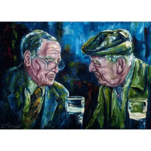 Vivid painting of two elderly men in military attire sharing a moment, capturing emotion and history through colourful brushstrokes.