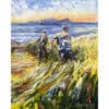 Sunset coastal painting of two people walking through tall grass by the sea, vivid colours, landscape art, by C. Manning.
