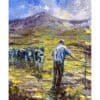 Vivid landscape painting of a farm scene with a farmer and cows in front of mountains, showcasing modern Irish art.