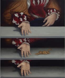 Hands of a person in elaborate historical costume reaching towards coins on a table, reflected in a mirror.