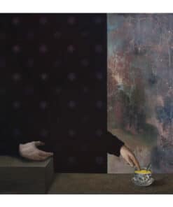 Kildare gallery painting, abstract art with hands and bowl, contemporary art, artistic interior, Irish art gallery relevance.