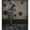 Eerie vintage-style mural of a woman photographing, with abstract black spots and dotted lines in the background.