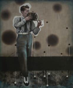 Eerie vintage-style mural of a woman photographing, with abstract black spots and dotted lines in the background.