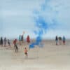 Children on the beach with blue smoke, modern art piece at The Kildare Gallery, Ireland.