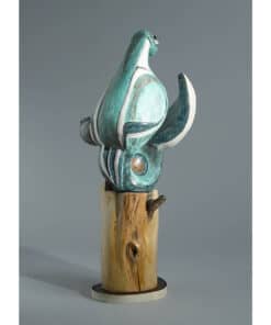 Contemporary ceramic sculpture displayed on a wooden plinth at The Kildare Gallery.