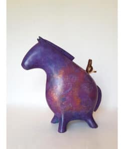 Vibrant purple and copper ceramic horse sculpture, contemporary Irish art at The Kildare Gallery.
