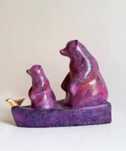 Vibrant purple ceramic bear sculpture with a small bird, contemporary art piece from The Kildare Gallery.