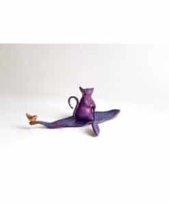 Elegant ceramic mouse sculpture on purple leaf with tiny bird, contemporary art piece at The Kildare Gallery.