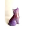 Handcrafted ceramic cat sculpture in purple and pink hues, displayed at The Kildare Gallery.