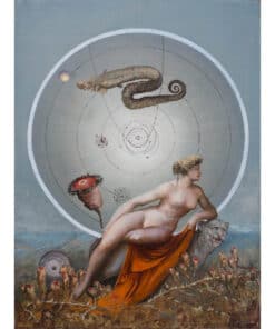 Vibrant surreal artwork featuring a nude woman, lion, and celestial elements with abstract and fantastical motifs.