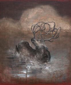 Golden stag emerging from water, symbolic wildlife art at The Kildare Gallery, Ireland.
