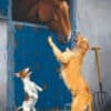 Playful dogs interacting with a horse mural at The Kildare Gallery in Ireland.