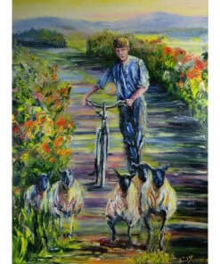 Bike riding boy surrounded by goats on vibrant farm trail at The Kildare Gallery.