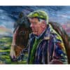 Horse and man portrait, vibrant painting of man with horse, Kildare Gallery Irish art, colourful horse-human artwork for collectors, horse lover gift art.