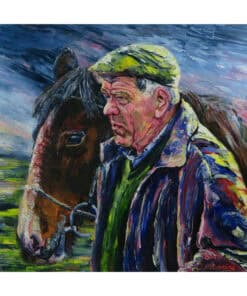 Horse and man portrait, vibrant painting of man with horse, Kildare Gallery Irish art, colourful horse-human artwork for collectors, horse lover gift art.