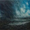 Stormy sea painting in textured oil, dark blues and greys capturing turbulent weather.