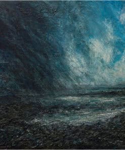 Stormy sea painting in textured oil, dark blues and greys capturing turbulent weather.
