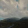 Aerial landscape painting of rolling hills and moody clouds over a winding river.