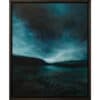 Stormy sea landscape painting in shades of blue and black, framed black art piece.