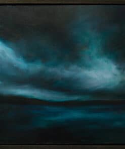 Stormy sky over ocean acrylic painting, dark clouds with blue and teal tones, displayed at The Kildare Gallery, Ireland.