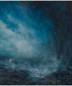 Stormy ocean landscape painting with waves and dark blue hues.