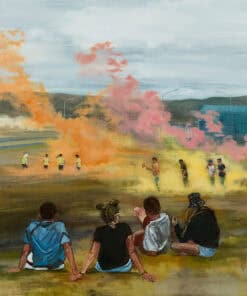 Children watching a smoke grenade demonstration at The Kildare Gallery outdoor event.