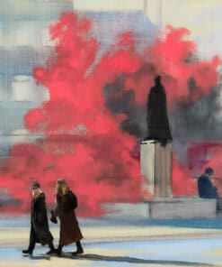Vibrant city scene painting with pedestrians, statue, and pink foliage in urban setting at The Kildare Gallery.