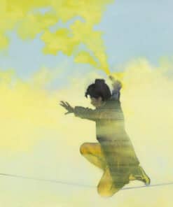 Vivid artwork of a child with yellow rubber boots, jumping under a bright, colourful sky at The Kildare Gallery.