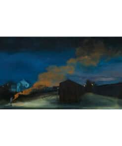 Nightscape painting of rural houses with dark sky and dramatic clouds at dusk, in a moody and atmospheric style.