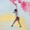 Bright contemporary painting of a woman performing a daring act with pink smoke, showcased at The Kildare Gallery.