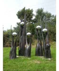 Contemporary metal sculpture with reflective spheres at The Kildare Gallery.