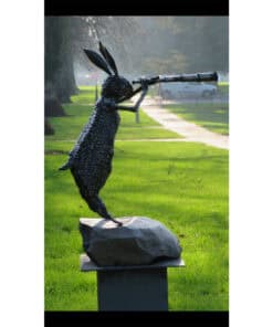 Art sculpture of a hare with a telescope, outdoor art installation at the Kildare Gallery, garden sculpture, modern animal art piece.