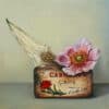 Vintage carnival tin with a pink flower and dried seed pod art print.