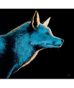 Vivid blue wolf painting, modern artwork displayed at The Kildare Gallery in Ireland.