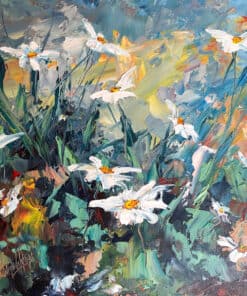 Vivid floral painting featuring white daffodils with colourful background, showcasing contemporary art at The Kildare Gallery.