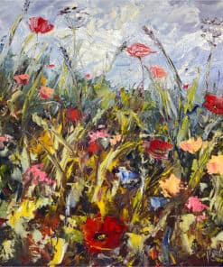 Flower field painting with poppies and wildflowers, vibrant colours, impressionist art style, Kildare Gallery artwork.