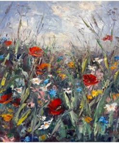 Poppy field painting with colourful wildflowers and tall grasses, impressionist style, vibrant colours, natural landscape, Kildare Gallery artwork.