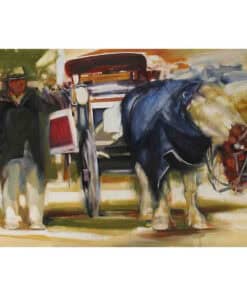 Vintage horse-drawn carriage painting showcasing classic Irish transportation.