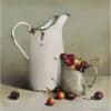 Rustic metal pitcher and cup with fresh cherries, capturing still life art from The Kildare Gallery.