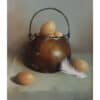 Rustic copper pot with fresh eggs and a white feather, showcasing still life art at The Kildare Gallery.