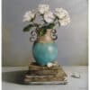 White roses in a turquoise and beige ceramic vase, elegant floral still life painting on display at The Kildare Gallery.