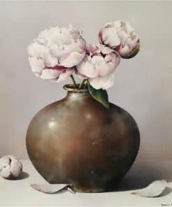 Soft pink peony flowers in a rustic ceramic vase, still life floral art painting.
