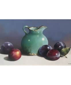 Vintage ceramic jug with fresh plums and leaves, artwork by Susan Curtis at The Kildare Gallery.