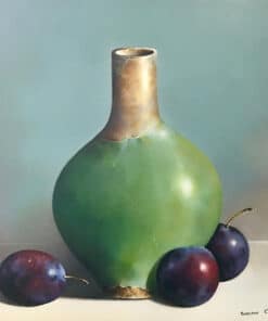 Vase with plums still life painting, by Susan Cairns, displayed at The Kildare Gallery, Irish art collection.