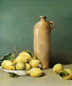 Rustic ceramic pitcher with lemons and leaves, Still Life Art, Kildare Gallery.
