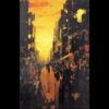 Vibrant cityscape painting with warm sunset hues and abstract urban architecture.