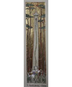 Aerial view of a landscape painting featuring trees, a castle tower, and a whimsical horse and rider, with metallic gold accents.