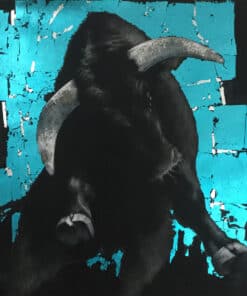 Dark buffalo portrait art with a vibrant blue cracked background.
