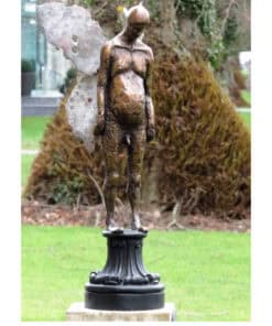Delicate bronze fairy statue with detailed wings, outdoor garden sculpture at The Kildare Gallery, elegant artistic decor.